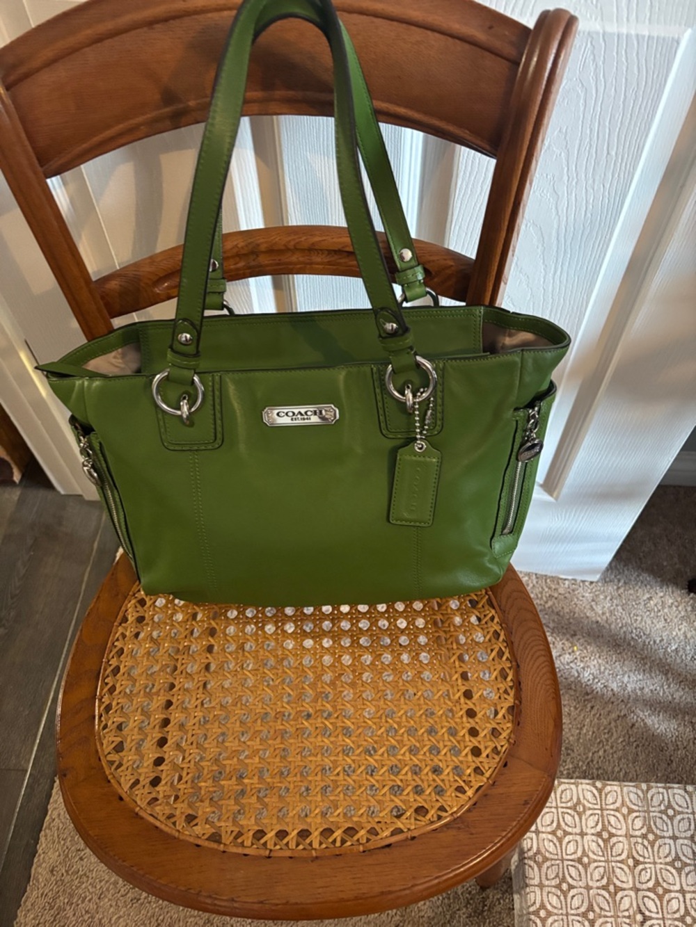 Coach Green Leather Tote with Signature Plaque
